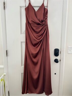 Revelry Rory Satin Bridesmaid Maxi Dress Cinnamon Rose Formal Gown Size 12